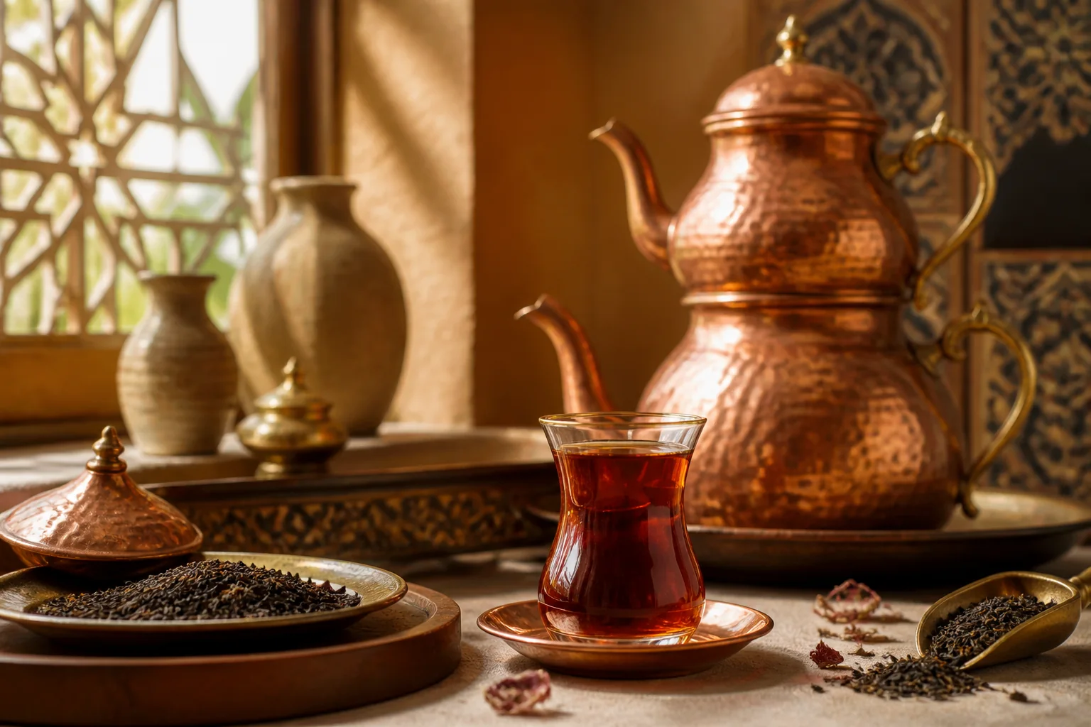 Geleneksel çaydanlık ve ince belli bardakta Türk çayı